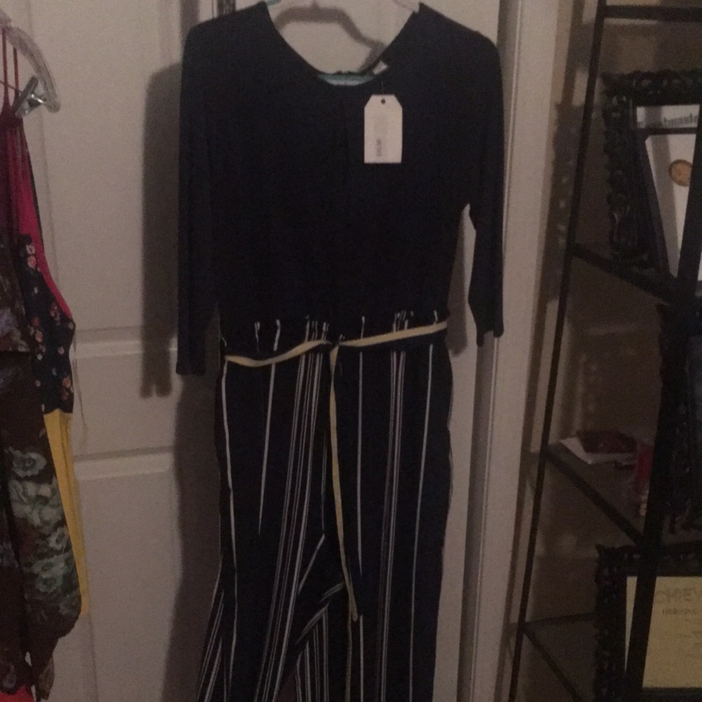 Dark Navy & Yellow Jumpsuit Trimmed In White With Matching Belt
